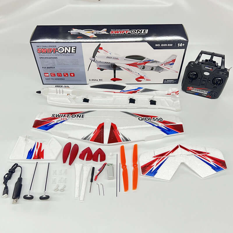 Avión acrobático RC 3D QIDI-550 con motor sin escobillas, 6CH, un botón para suspensión, incluye componentes y control remoto.