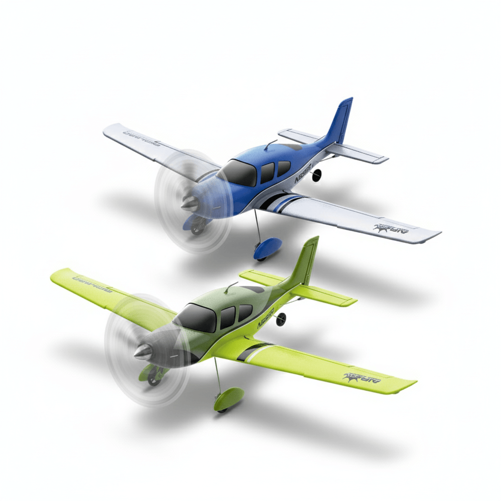 QIDI 580 SR22 RTF RC airplane in blue and lime-green—two color options shown with spinning propellers on a white background.