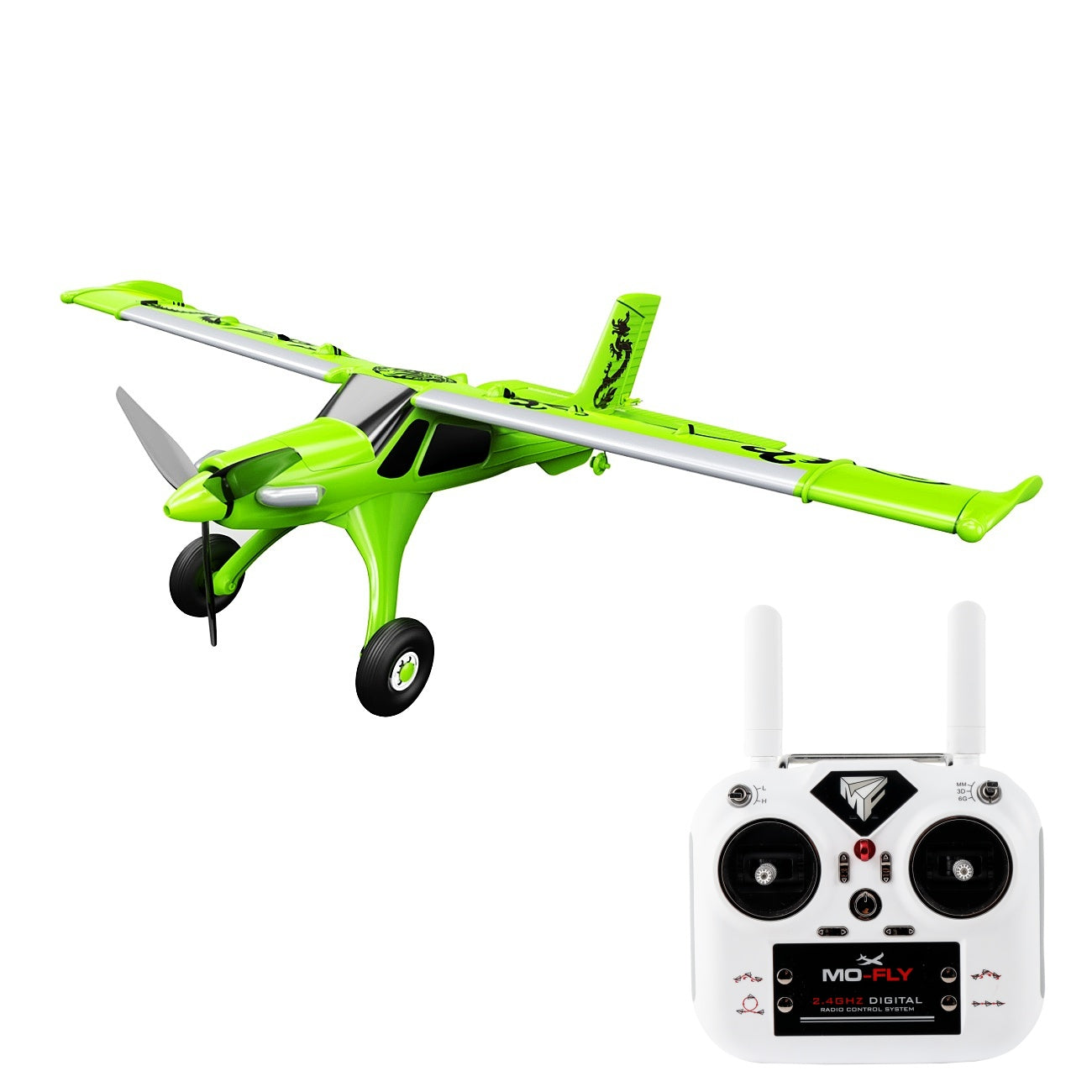 MF-X7 grünes RC Plane mit Sender und Frontpropelleransicht