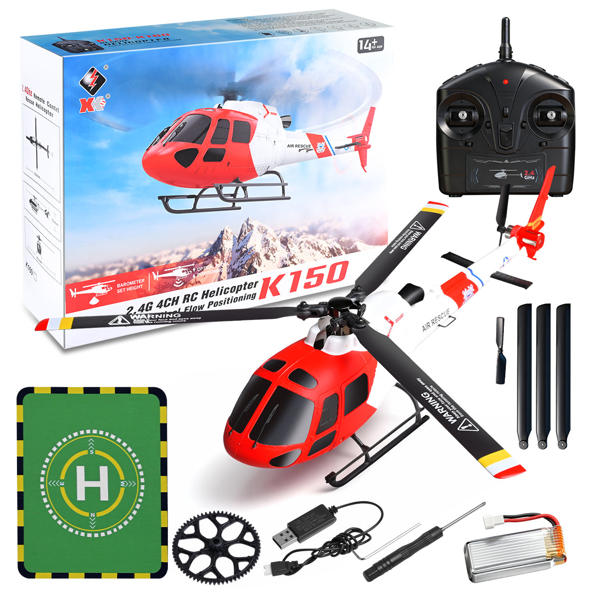 Full product kit of K150 including remote controller, 3.7V 500mAh battery, blades, and landing pad.