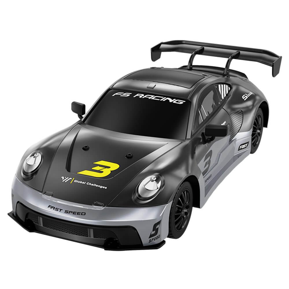 Black Porsche KF28  RC racer top-down view with yellow red stripes number 9 hood graphics