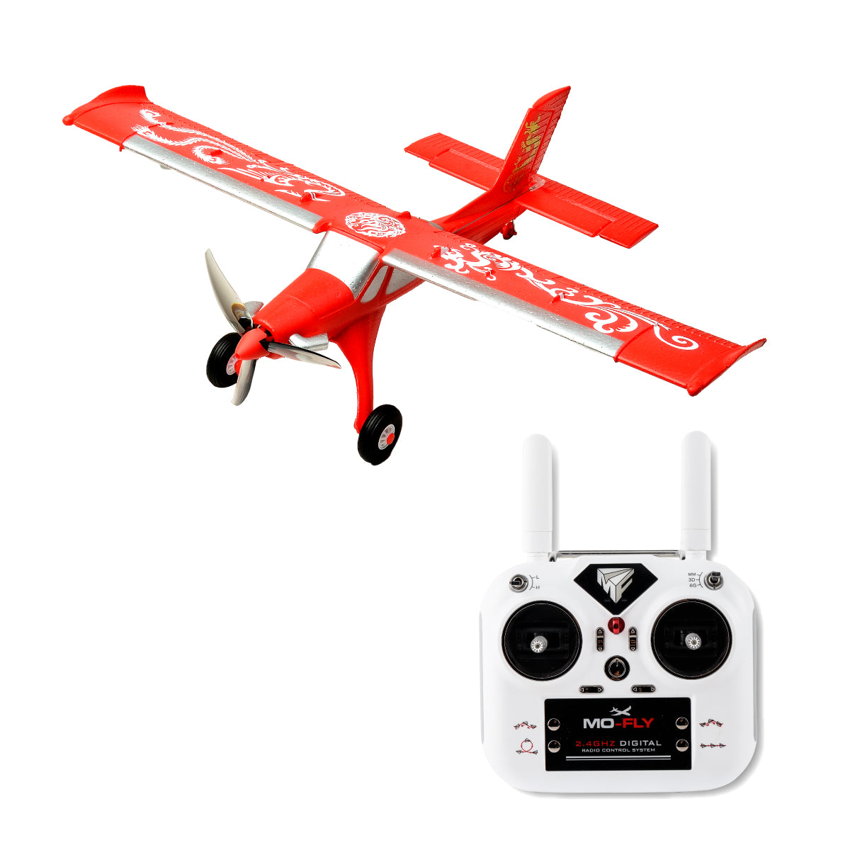 MF-X7 rotes RC Plane schräg von oben mit Fernsteuerung