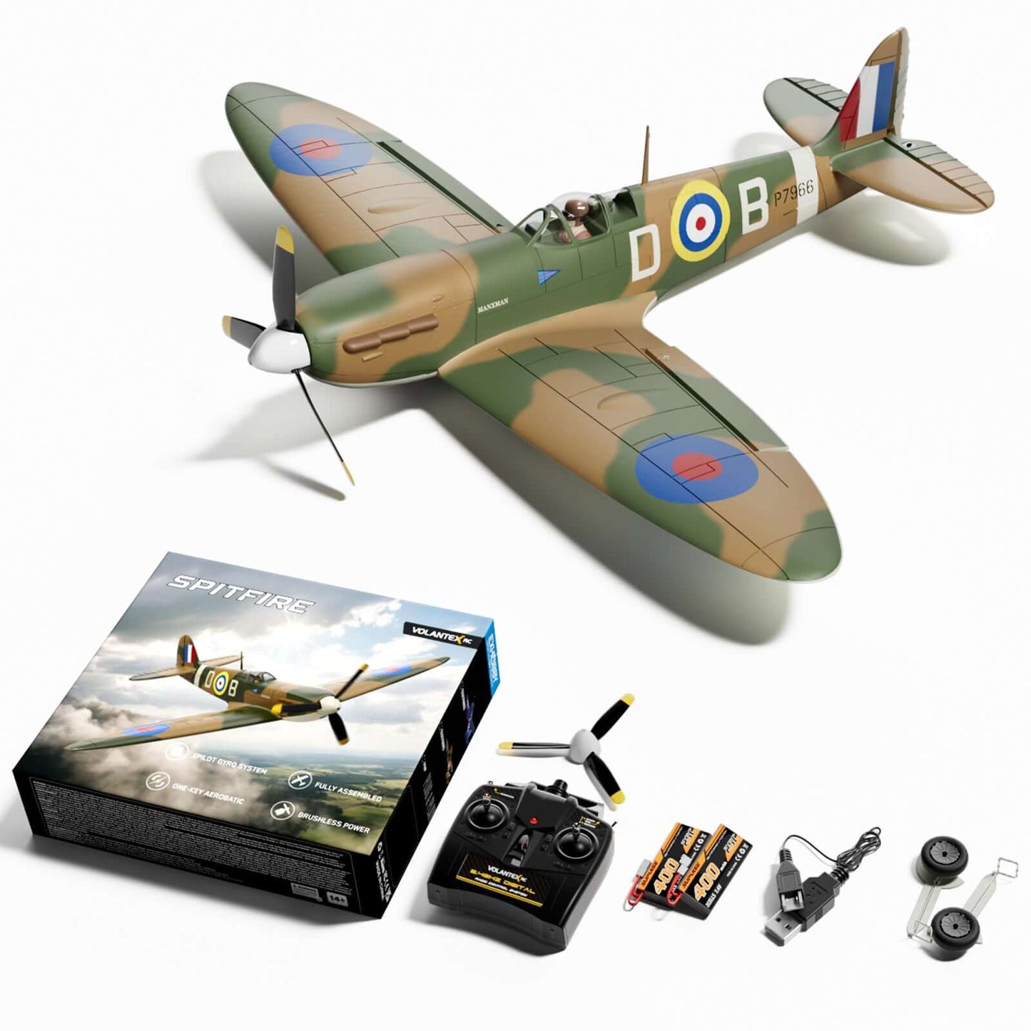 VolantexRC Spitfire 500mm brushless 4CH warbird in flight with XPilot stabilization and RAF camo — hero image