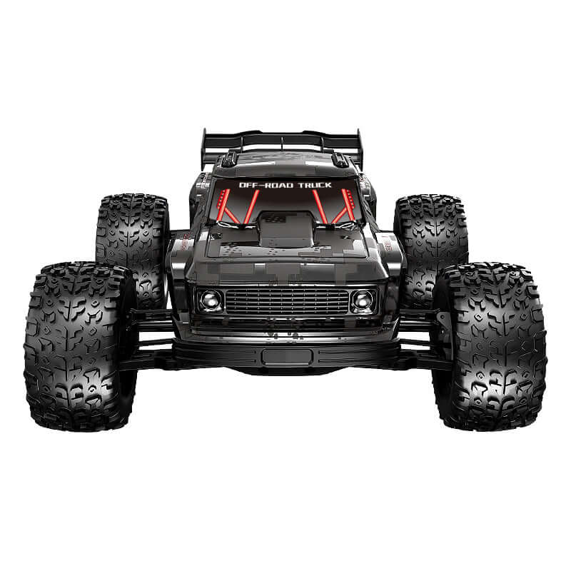 KF16 1:12 RC monster truck front view with bright LED headlights red accents and aggressive off-road stance