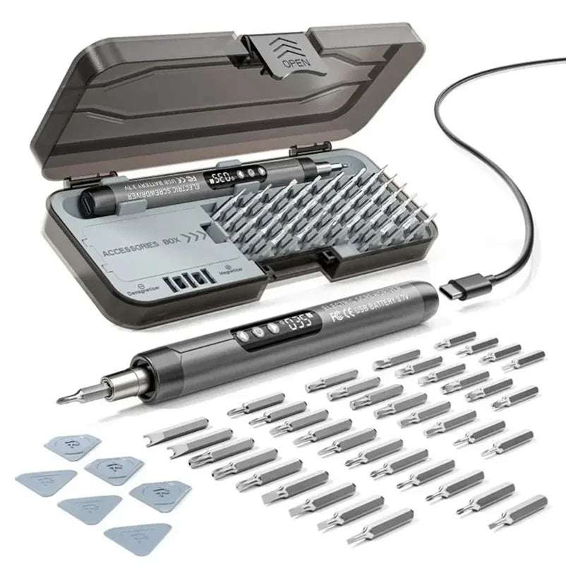 38-in-1 electric screwdriver set with bits, pry tools, case and charging cable