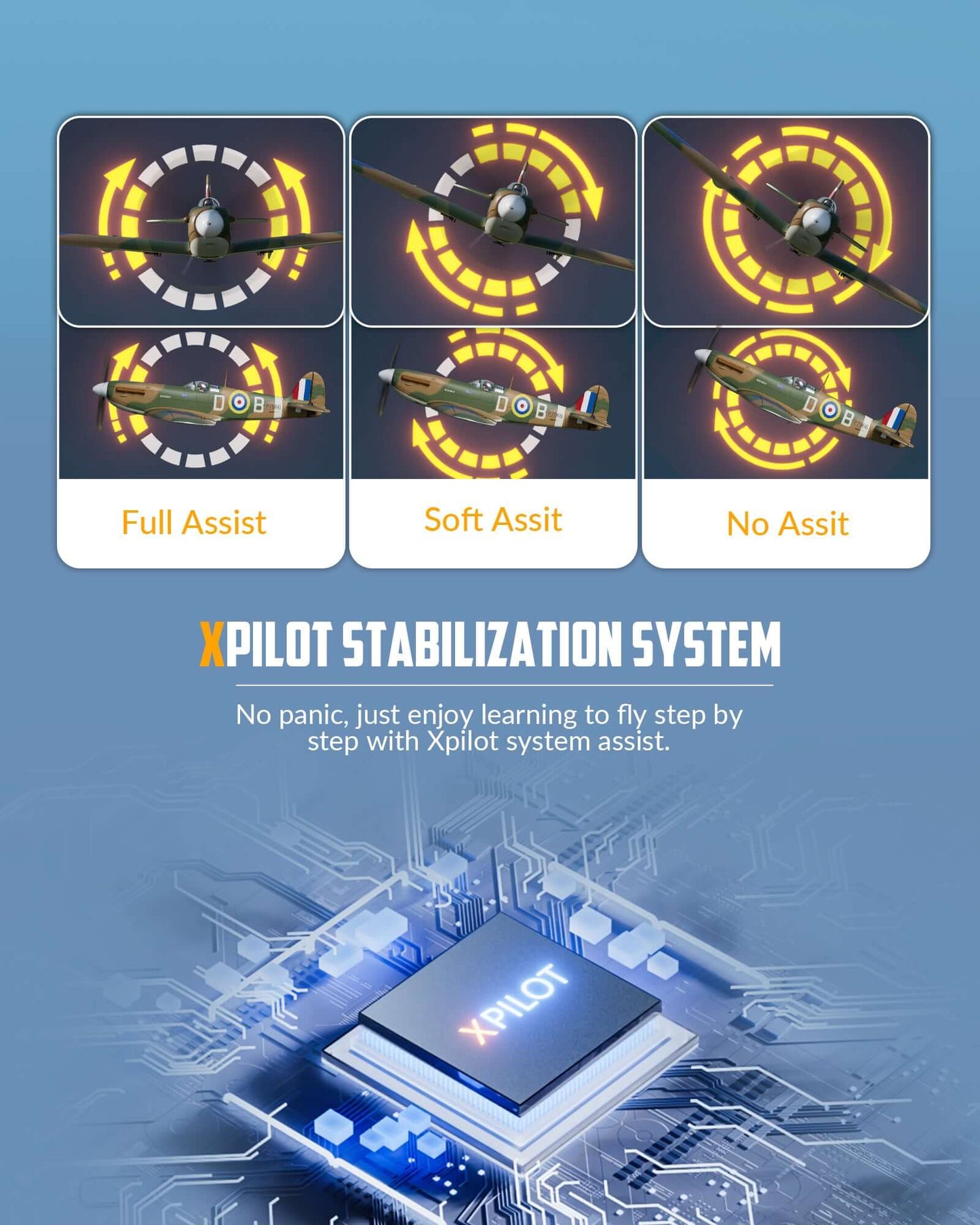 VolantexRC Spitfire 500mm brushless warbird showing XPilot three flight modes: Full, Soft and Off assist (4CH aileron)