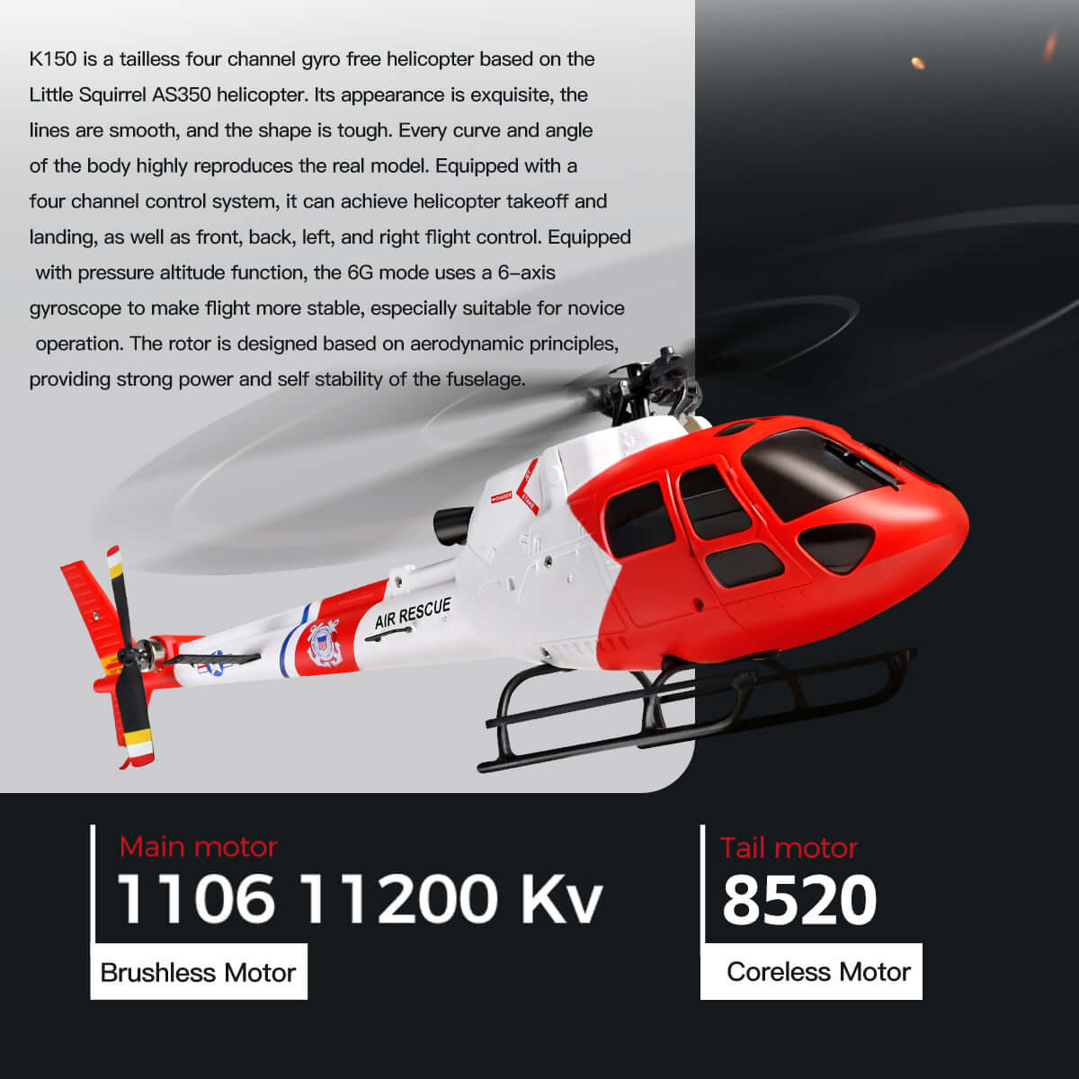 Technical specifications of K150 showing 1106 11200Kv brushless main motor and 8520 coreless tail motor.