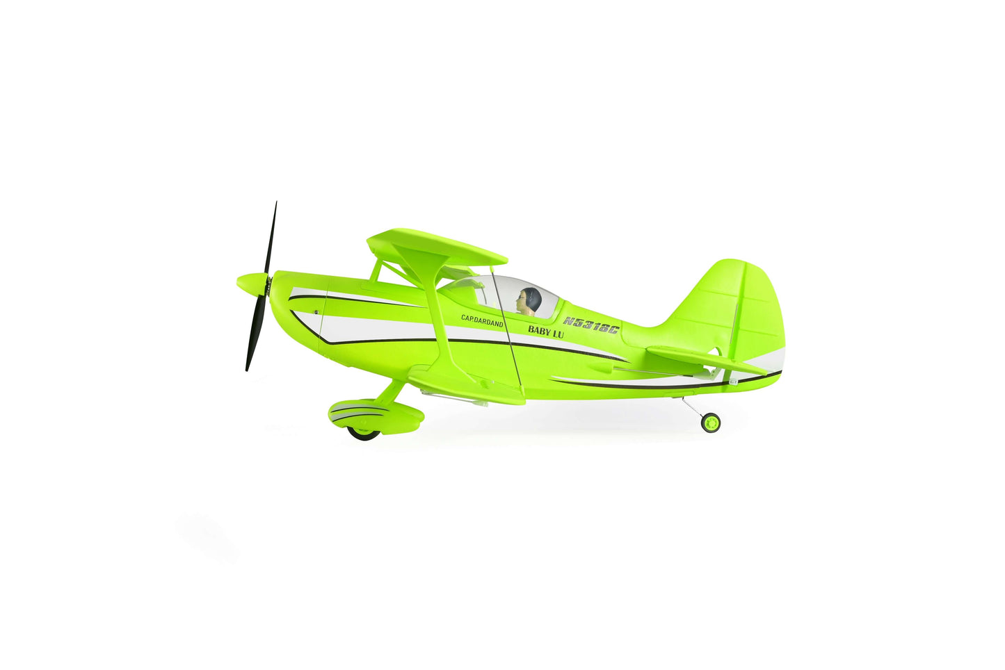 Profile view of the A310 Beech D17S scale RC aircraft in lime green with realistic WWII-era biplane details.