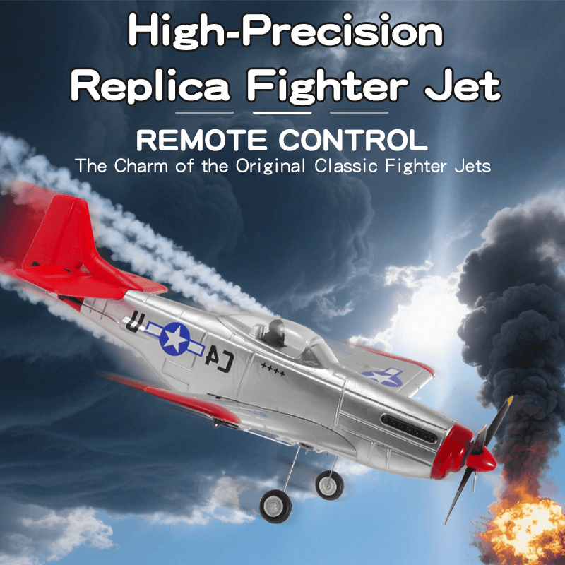 FX9501 P-51 Mustang 400mm 4CH Brushless RC Airplane Warbird with 6-Axis Gyro in flight with dramatic background.