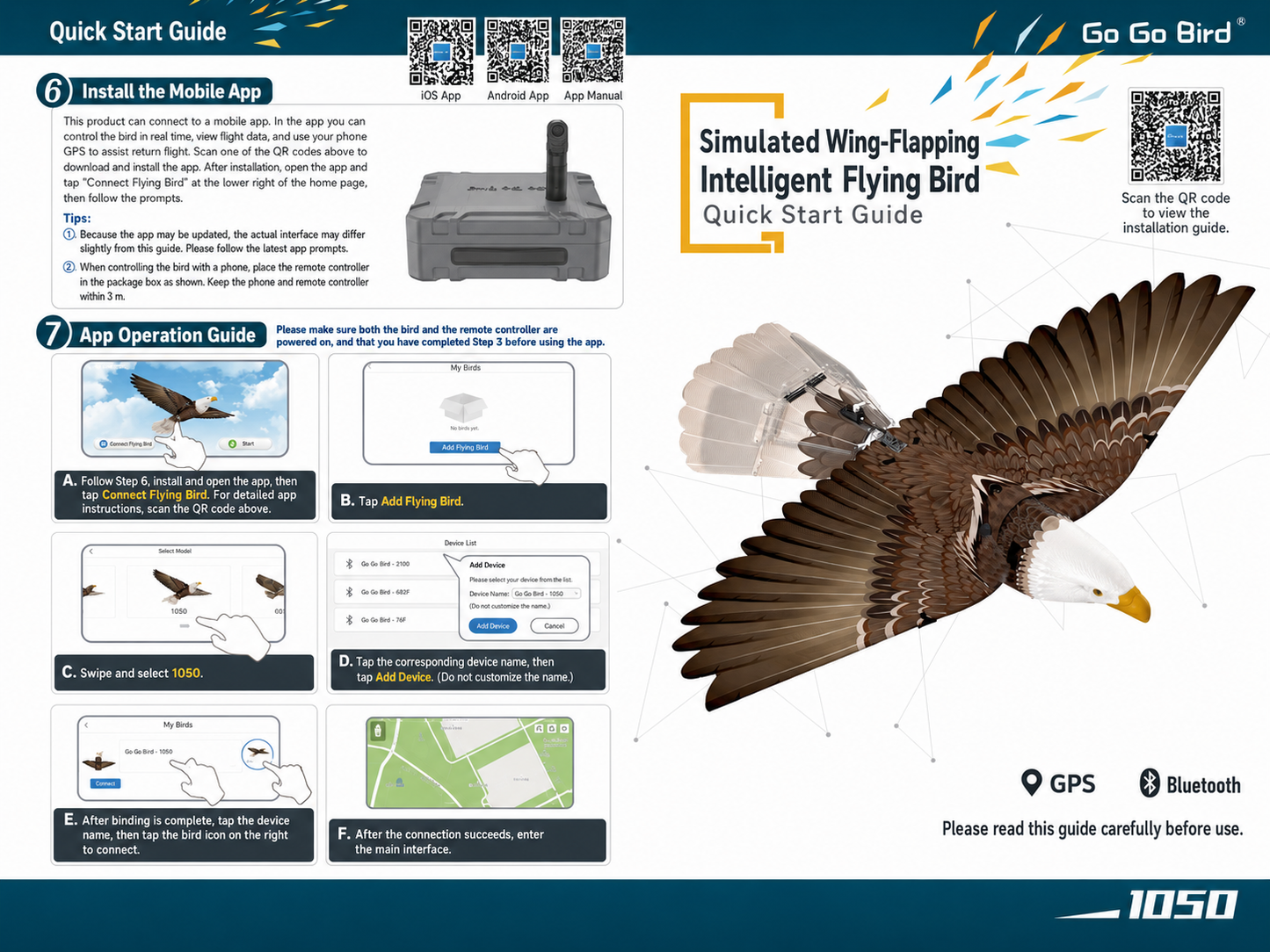 Go Go Bird 1050 Realistic Bionic RC Eagle GPS Drone App Control Flying Toy
