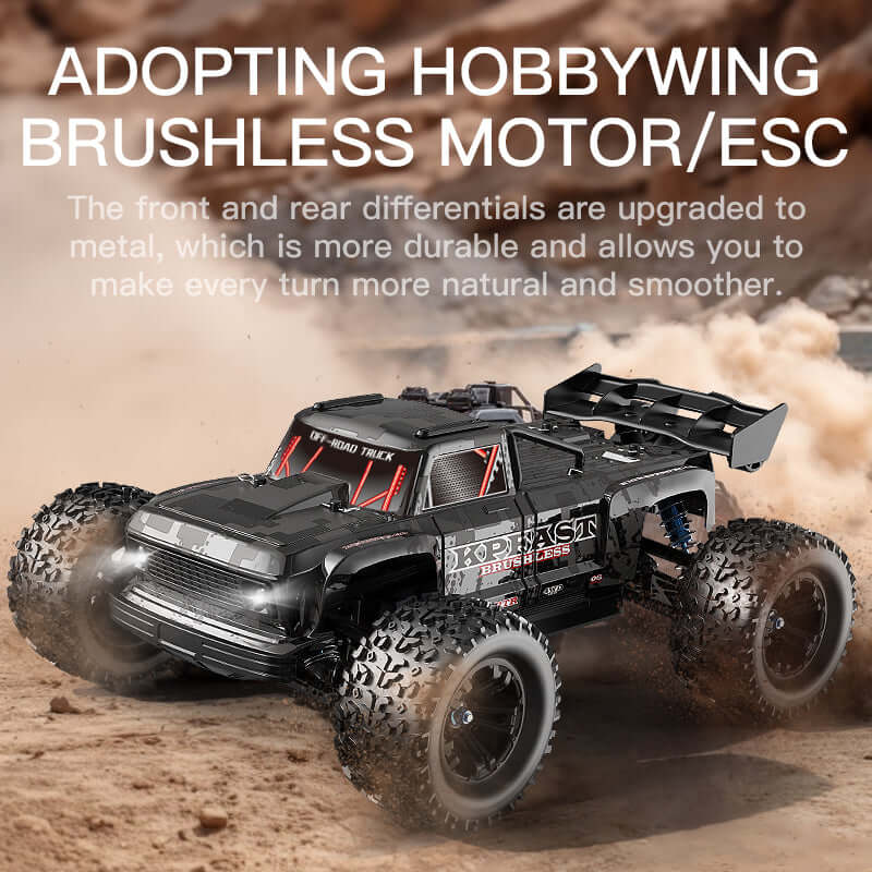 KF16 model name overlay, truck in rocky/mountain terrain with dust, LED lights on, seeking freedom theme