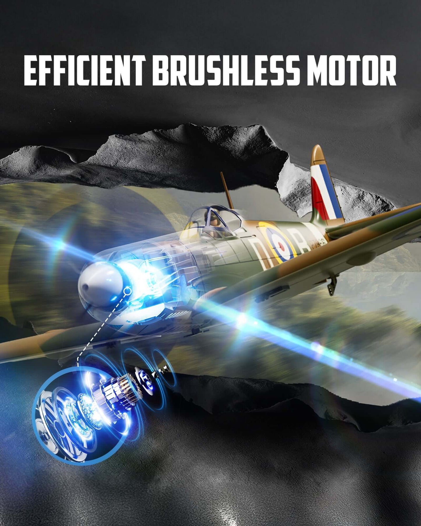 VolantexRC Spitfire 500mm brushless motor detail showcasing efficient power system and smooth thrust for 4-channel control