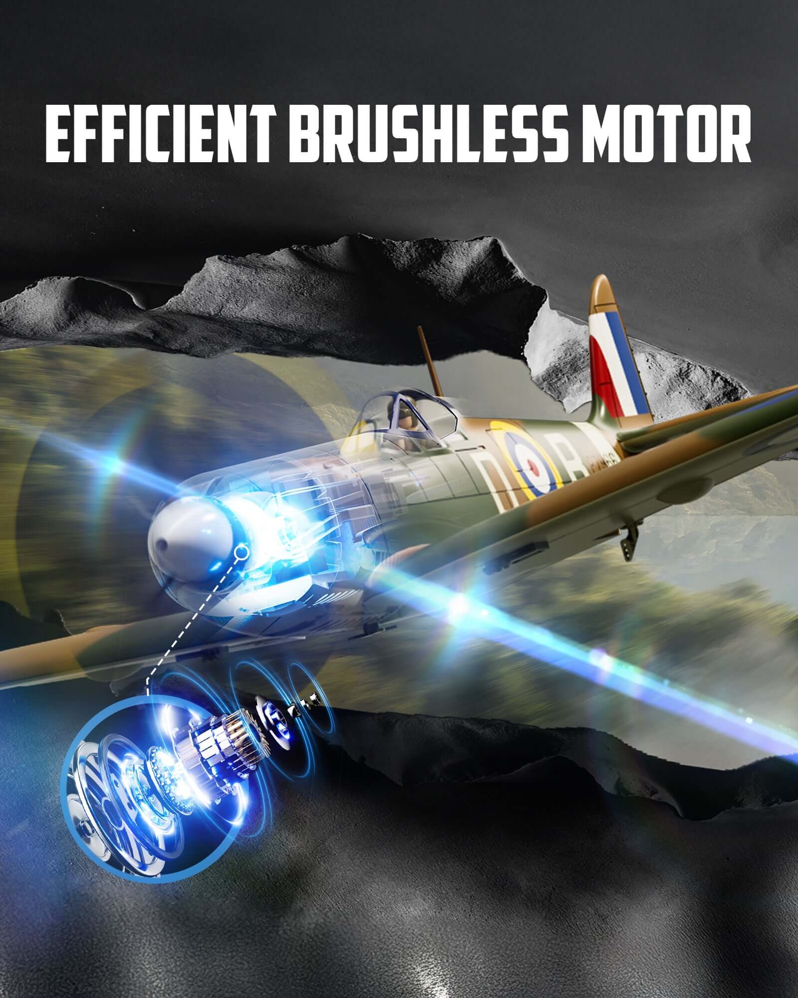 VolantexRC Spitfire 500mm brushless motor detail showcasing efficient power system and smooth thrust for 4-channel control