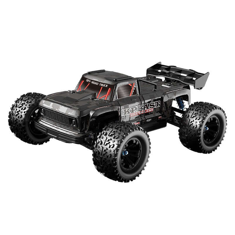 KF16 brushless RC monster truck side view black camouflage off-road design with large tires and rear wing