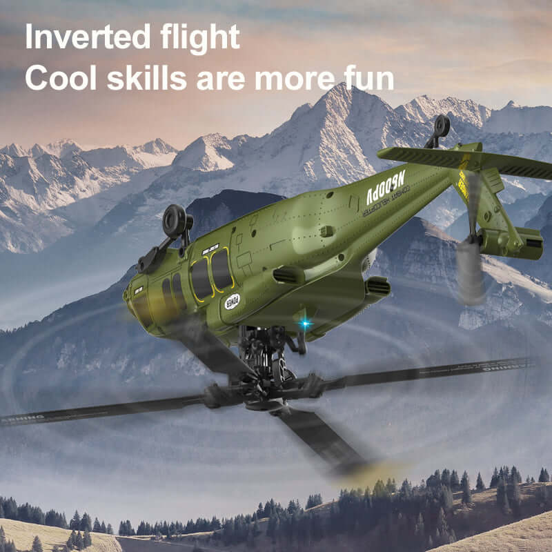 Kootai F05 Black Hawk brushless 4CH RC helicopter performing an inverted flight stunt over mountains