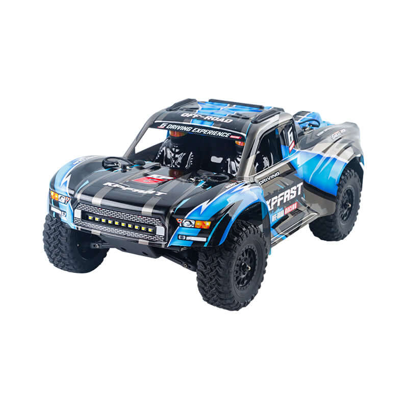 KF17 1:12 brushless RC truck blue black camo front view with LED light bar and cockpit helmet
