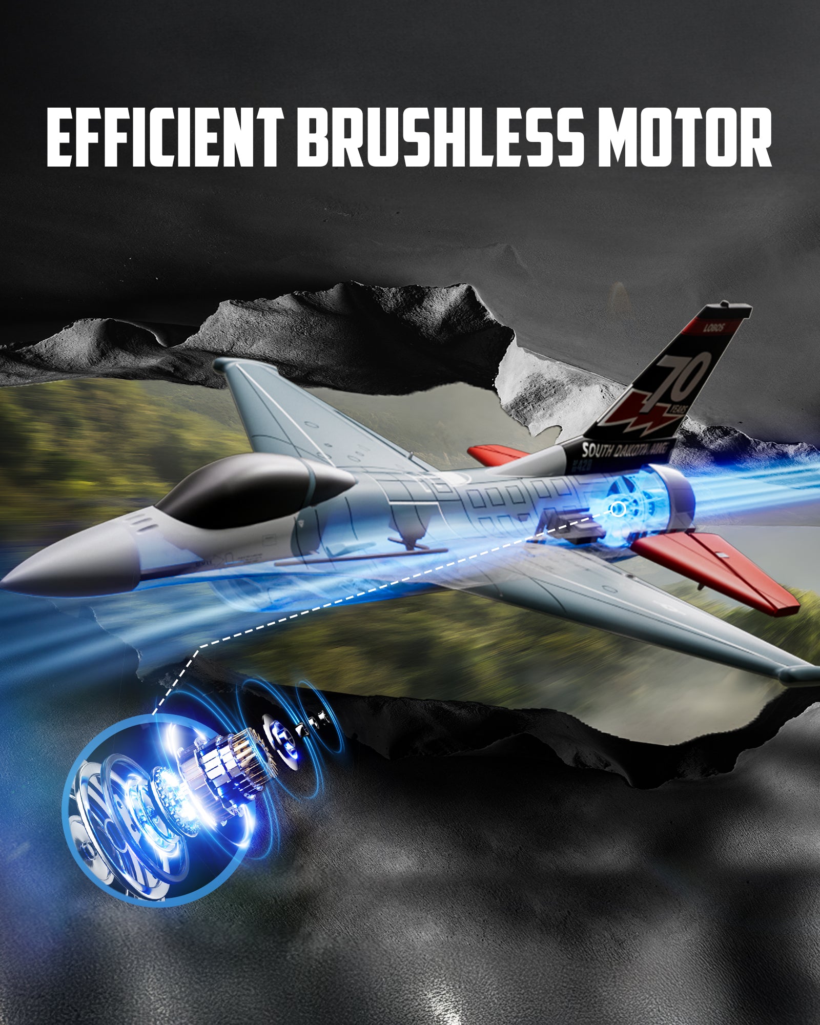 Close-up of 4-channel aileron and tail fin controls on F-16 RC jet for precise maneuvering