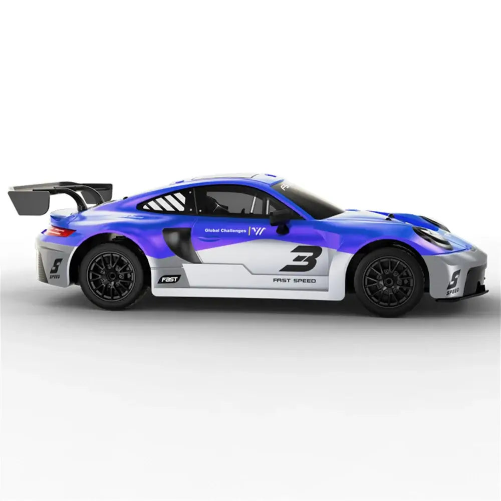 Blue gradient Porsche KF28  RC drift car with FS Racing graphics number 3 iridescent finish