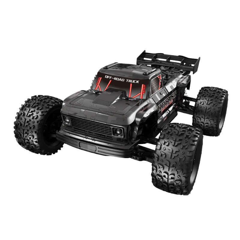 KF16 4WD brushless RC truck overhead angle displaying chassis suspension and black rugged off-road body