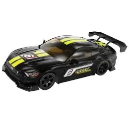 Black Dodge Challenger RC car with aggressive front bumper yellow accents and large rear wing