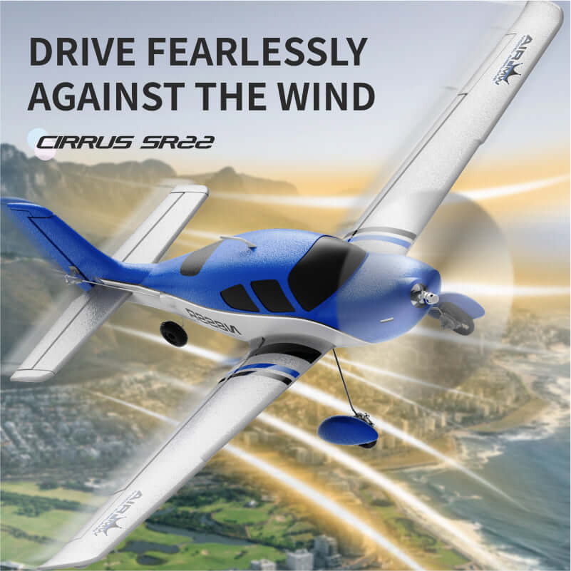QIDI 580 SR22 4CH RC Plane in blue flying against the wind over the coast, brushless motor, LED lights, 30-min flight, stunt trainer