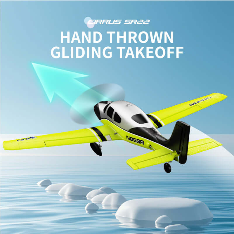 QIDI 580 SR22 hand-throw gliding takeoff over water, fluorescent green RC plane with gyro stabilization, beginner friendly