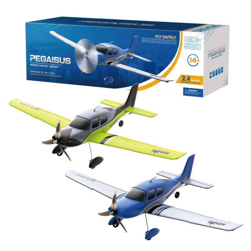 QIDI 580 SR22 RC plane package with box, fluorescent green and blue colors, 4-channel 2.4GHz brushless trainer with LED lights
