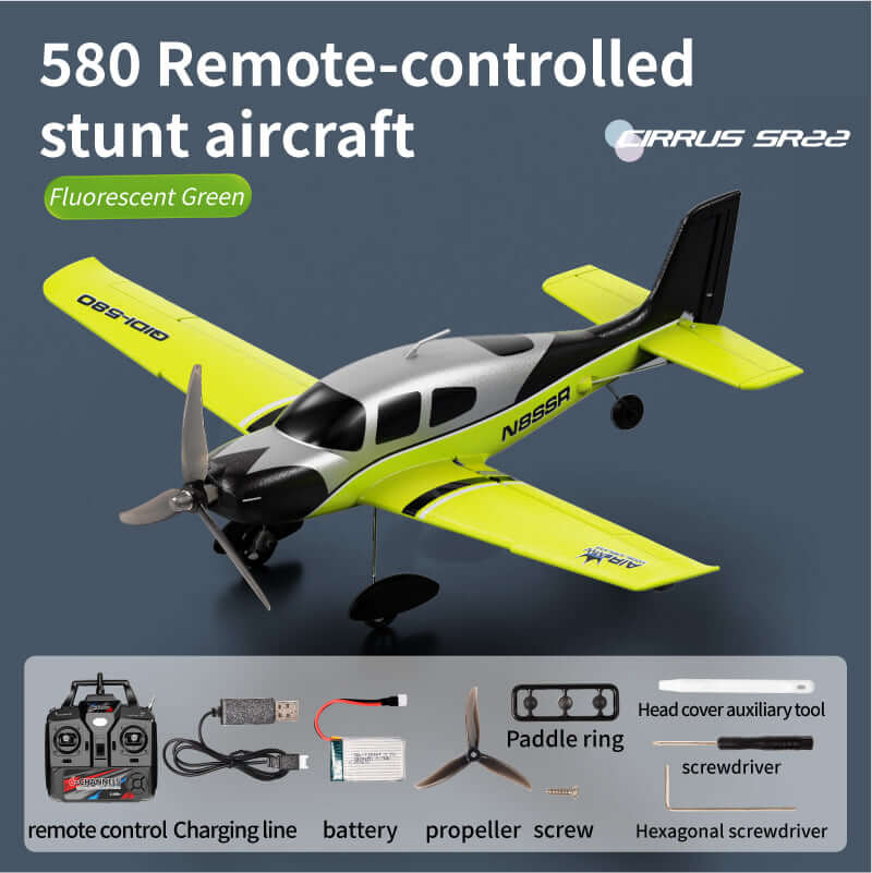 QIDI 580 SR22 fluorescent green with accessories—2.4GHz remote, USB charger, LiPo battery, propeller, screws, paddle rings, tools