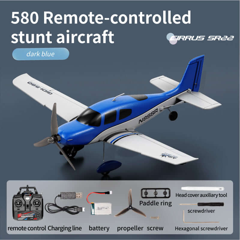 QIDI 580 SR22 dark blue with included accessories—radio controller, USB charging cable, battery, propeller, screws, tool set