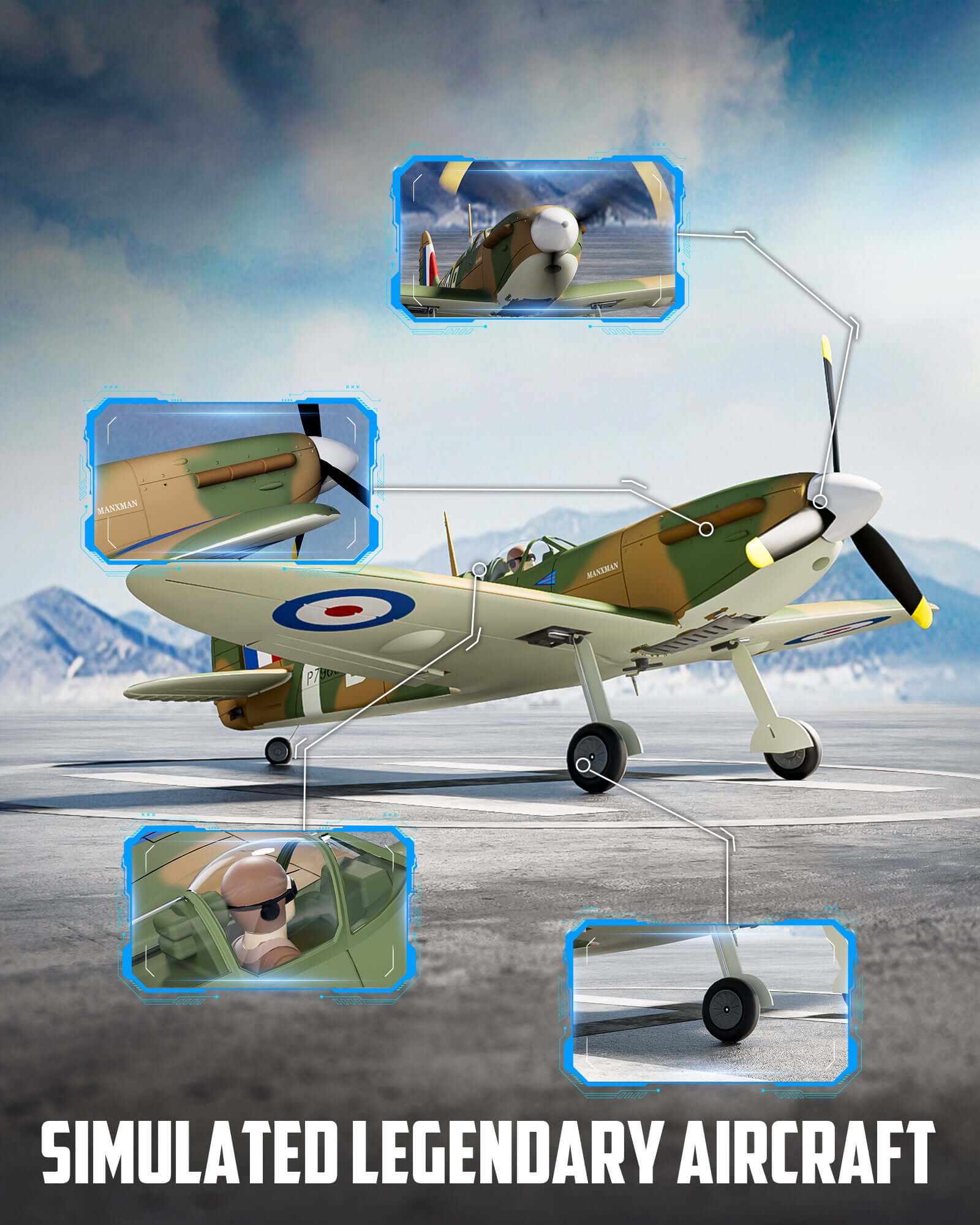 VolantexRC Spitfire 500mm scale details—clear canopy, pilot figure, spring landing gear, propeller saver and tailwheel steering