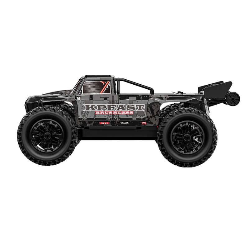 KKF16 off-road RC monster truck in motion pose black camouflage body red LED accents and oversized tread tires