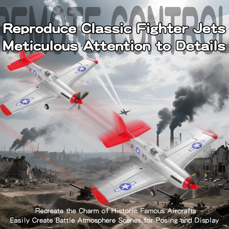 FX9501 P-51 Mustang 400mm 4CH Brushless RC Airplane Warbird with 6-Axis Gyro flying over a battle scene.