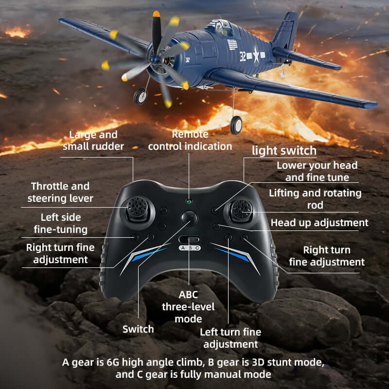 RC transmitter controller for Hellcat airplane with ABC mode fine tuning labels