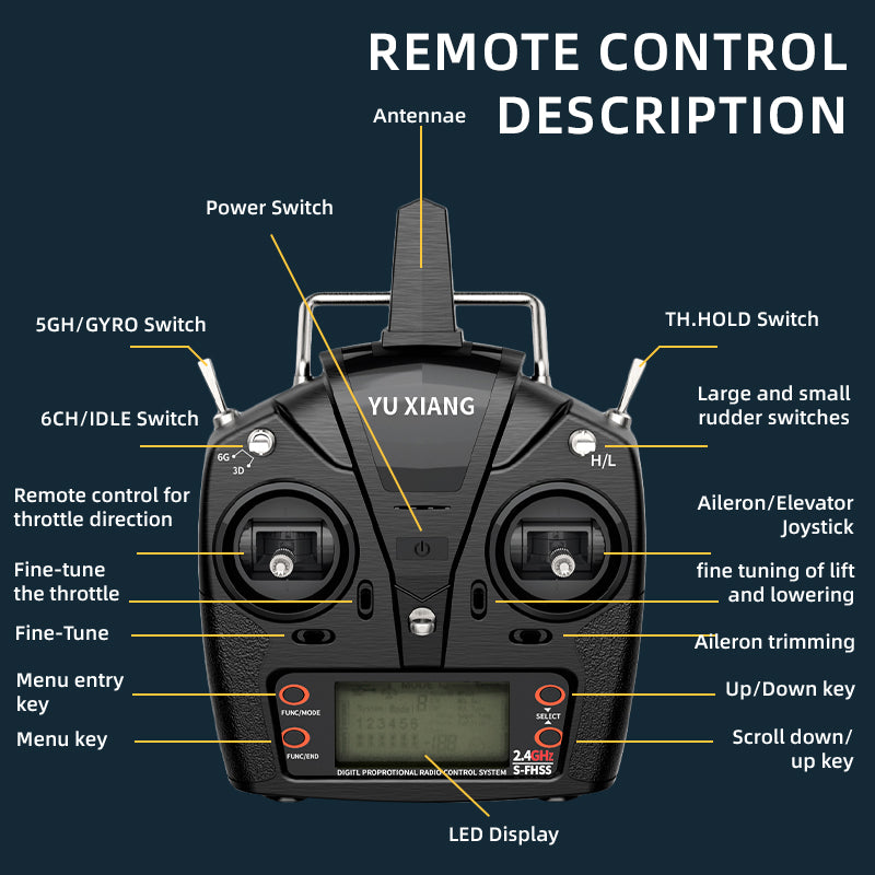 6-Channel 2.4GHz Remote Controller for YU XIANG RC Helicopter - Full Function Transmitter with Gyro Switch, LED Display and Fine-Tuning