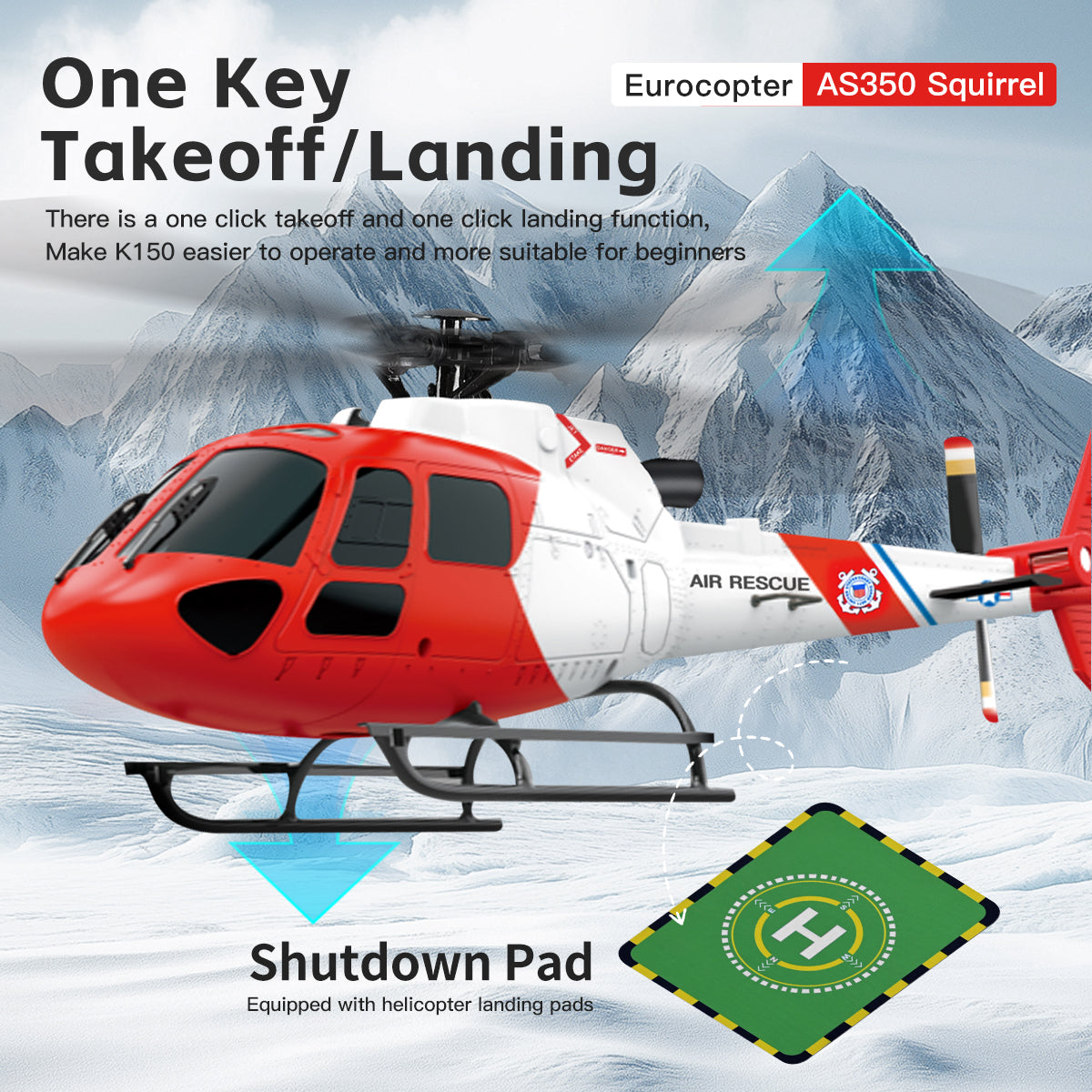 K150 RC helicopter demonstrating one-key takeoff and landing function with a green landing pad.