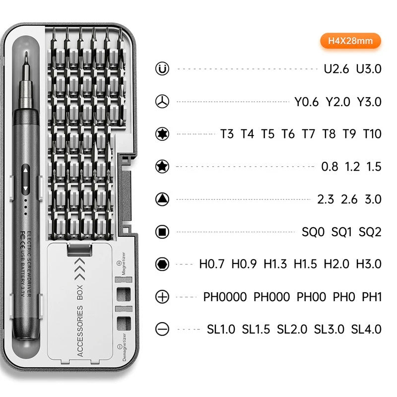38-in-1 precision screwdriver bit set with U, Y, Torx, hex and Phillips heads
