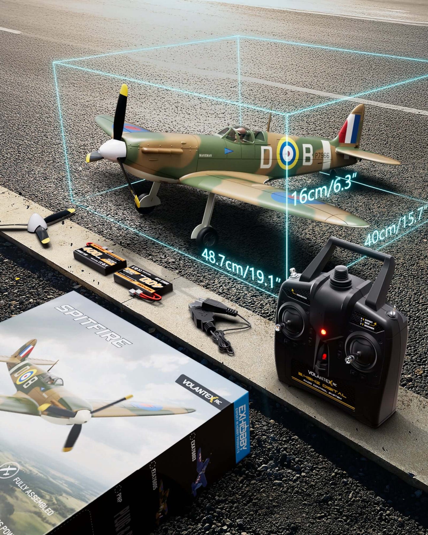 VolantexRC Spitfire 500mm dimensions diagram with approximate length, height and wingspan; compact park-fly RC warbird
