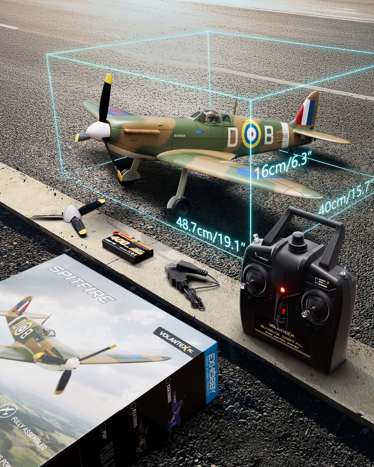 VolantexRC Spitfire 500mm size overlay with single 2S battery shown; portable brushless RC airplane for park flying