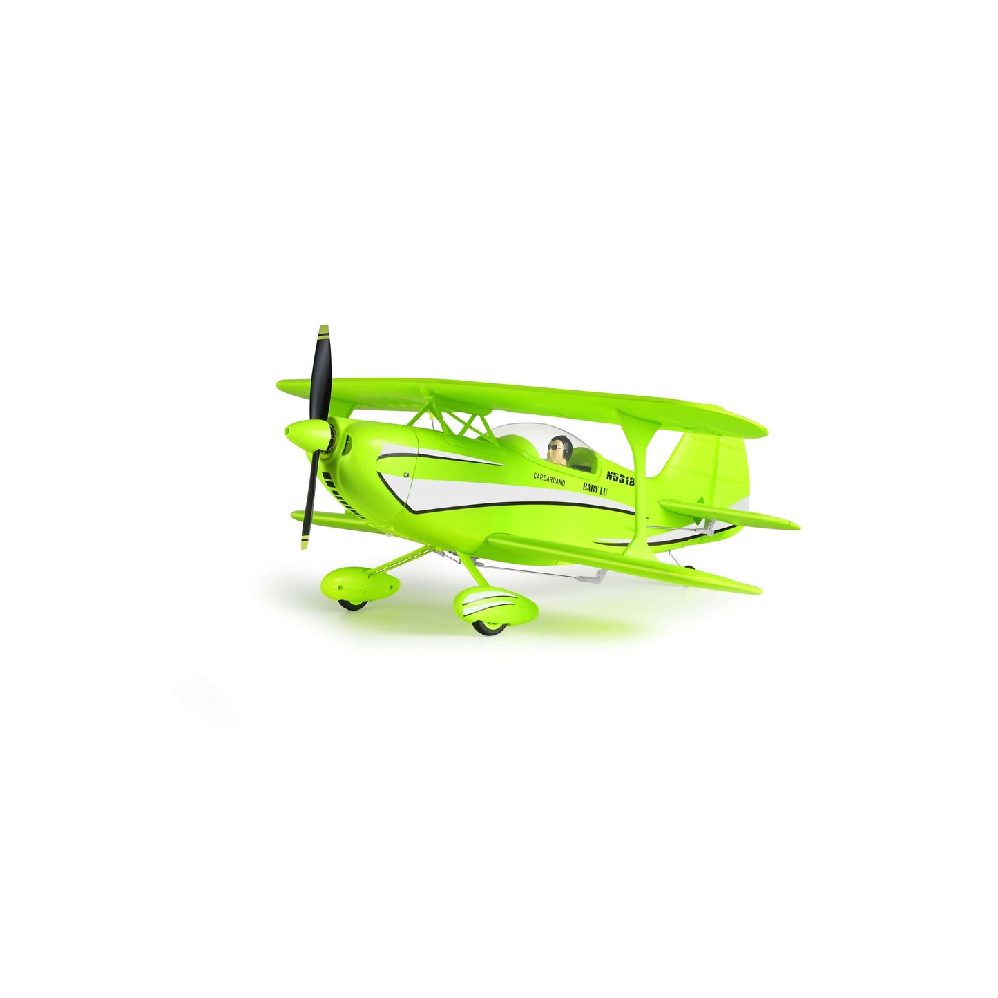 Perspective view of the lime green A310 Beech D17S RC plane with realistic cockpit detail and pilot figure.