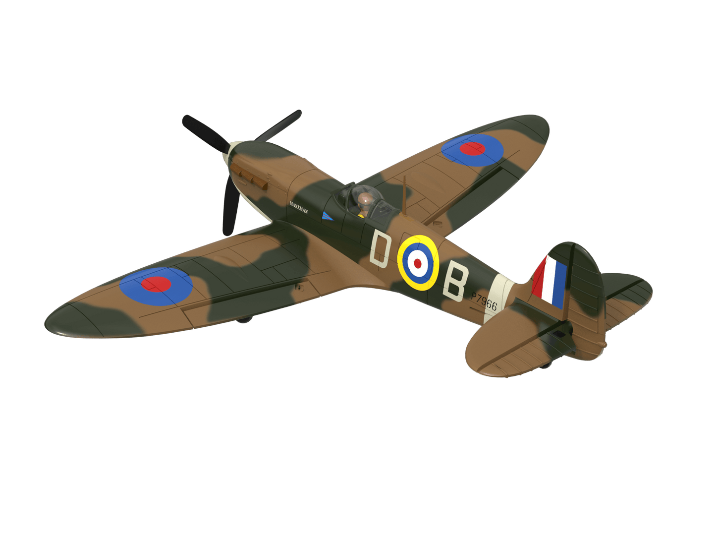 VolantexRC Spitfire 500mm (76805) 3D render – banking right, top view