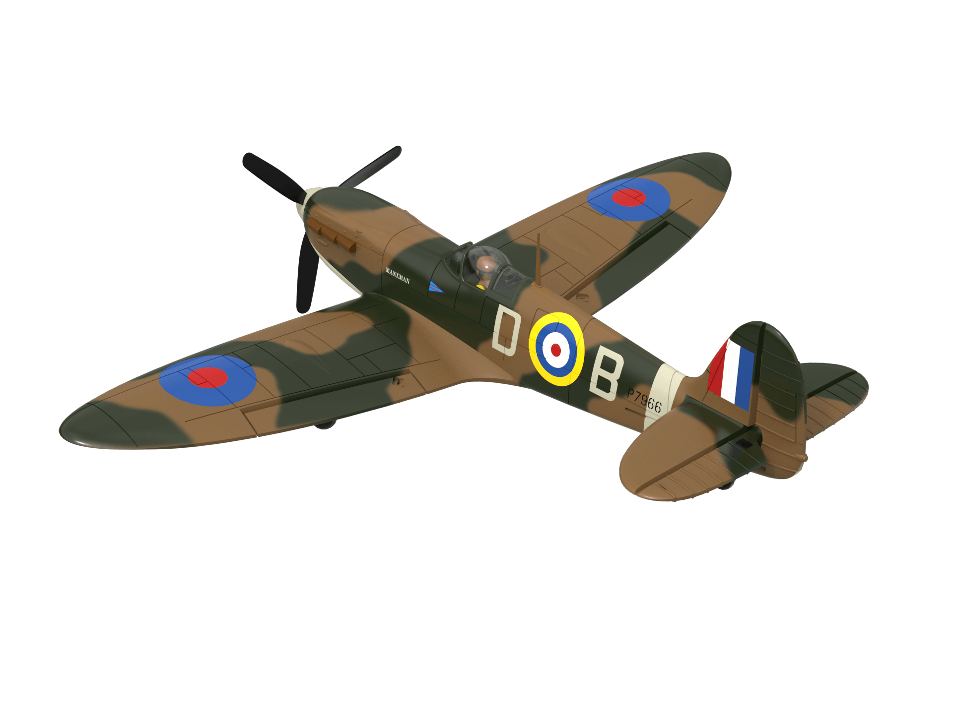 VolantexRC Spitfire 500mm (76805) 3D render – banking right, top view