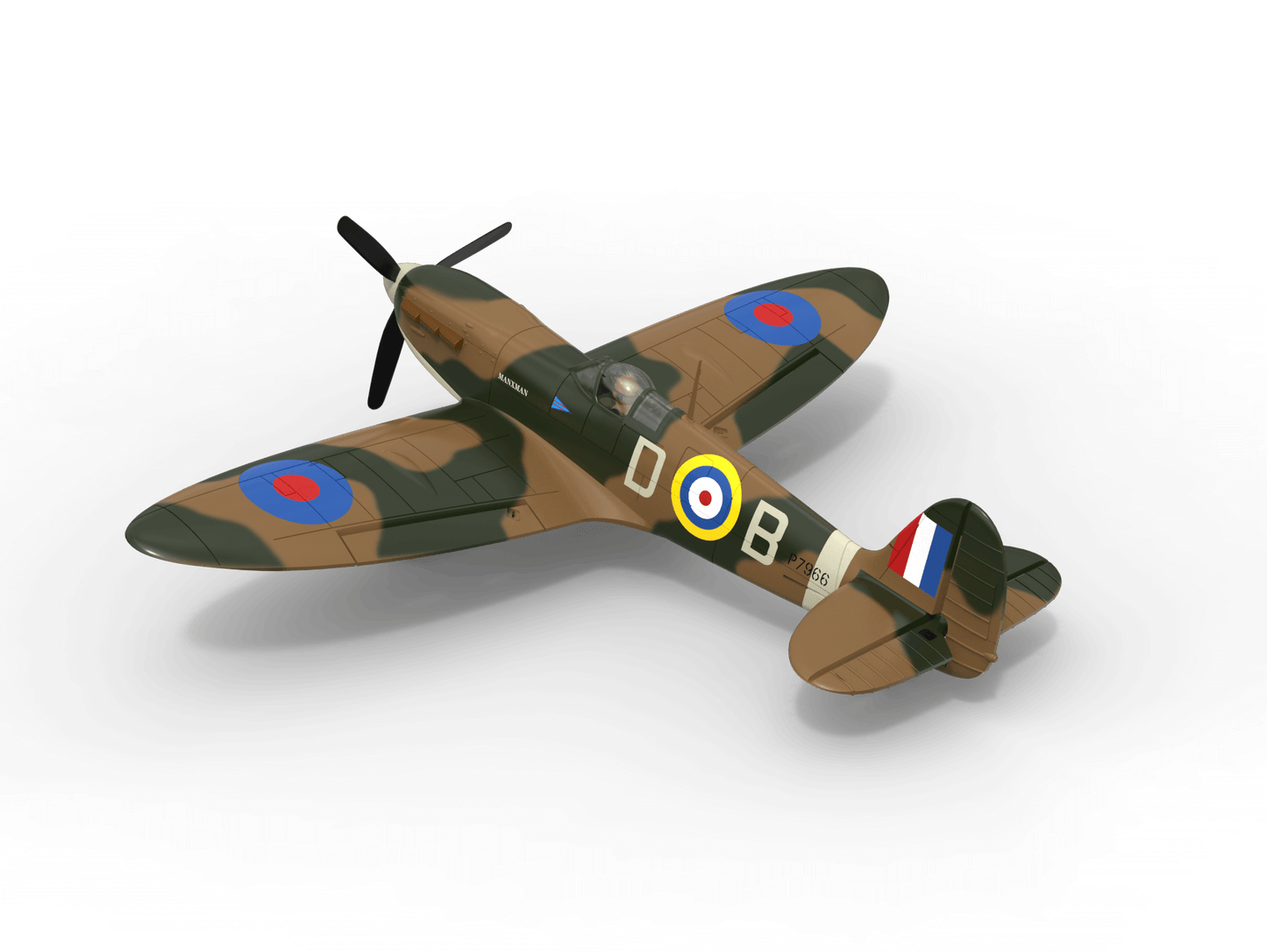 VolantexRC Spitfire 500mm (76805) 3D render – banking left, top view