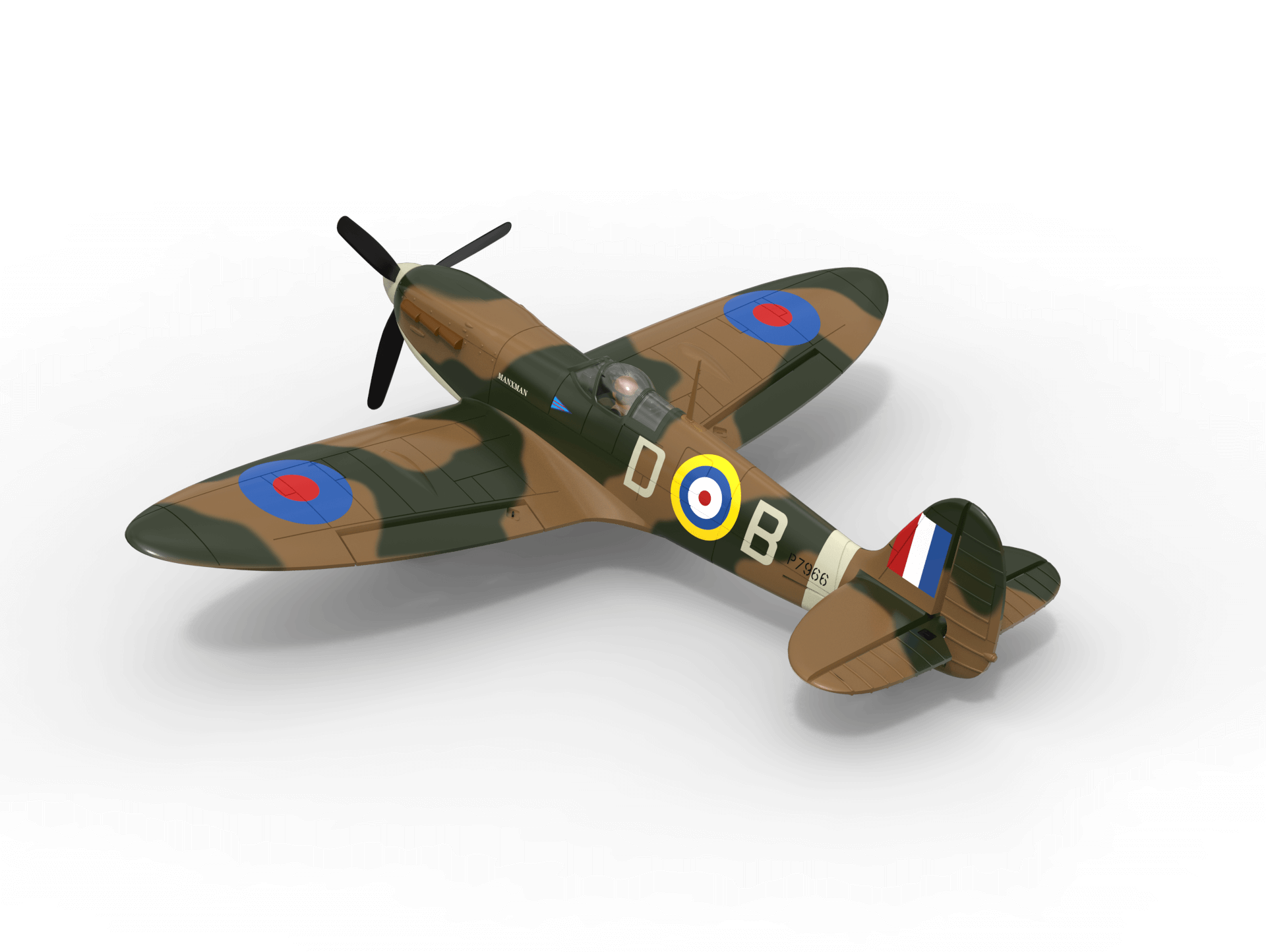 VolantexRC Spitfire 500mm (76805) 3D render – banking left, top view