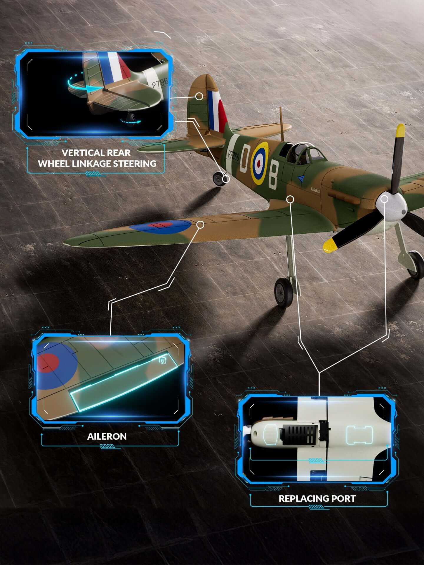 VolantexRC Spitfire 500mm service and replacing ports for easy maintenance; access to electronics, aileron and tailwheel linkages