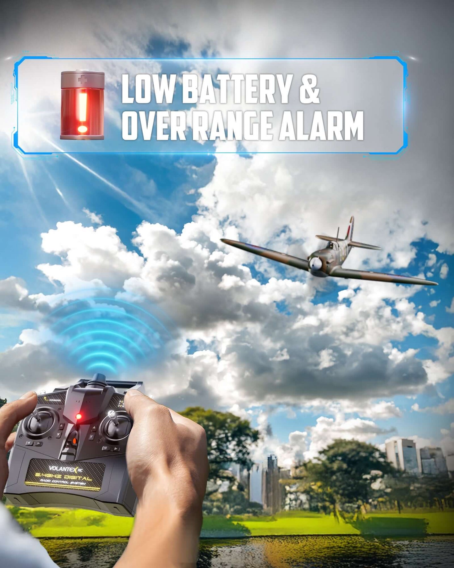 VolantexRC Spitfire 500mm safety alarms—low battery and over-range alerts with transmitter beeper; find-my-aircraft locator