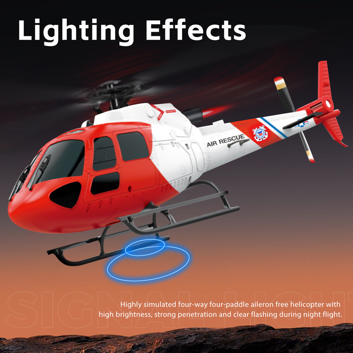 High brightness LED lighting effects on the K150 RC helicopter for clear night flight visibility.
