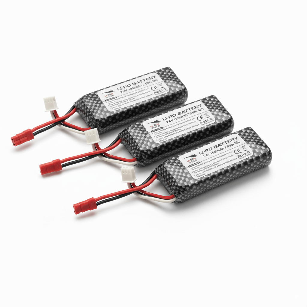 Xiaxiu H650 Tri-Mode RC Plane 7.4V 1000mAh 2S LiPo Battery (1/2/3 Pack), three rechargeable LiPo batteries on a white background.