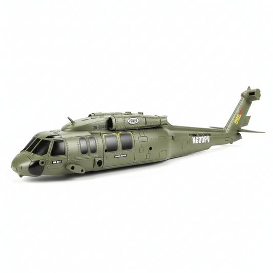 Left side of the army green ABS fuselage shell for the Kootai F05 Black Hawk helicopter featuring scale window details.