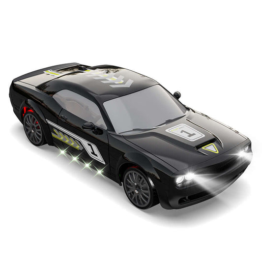 KF27 Black matte Dodge Challenger RC car front view with bright LED headlights and hood scoop