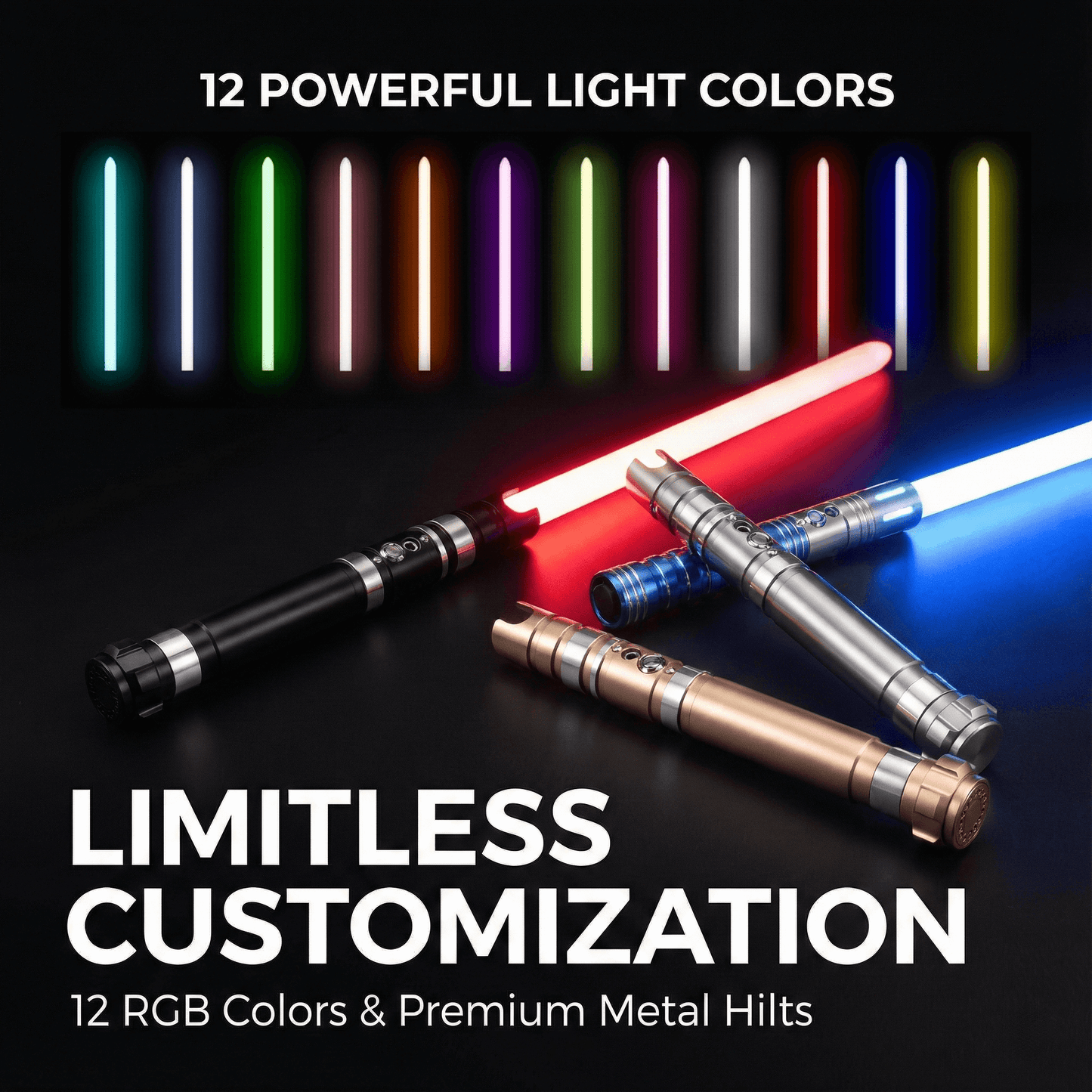 חרב אור RGB עם ידית מתכת - 12 צבעים, קול FX | KidsToyLover